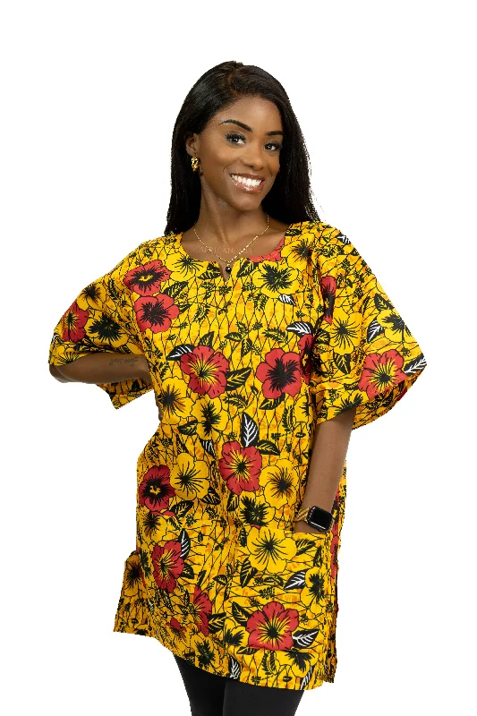 Extra Savings Yellow Flowers Dashiki Shirt / Dashiki Dress - African print top