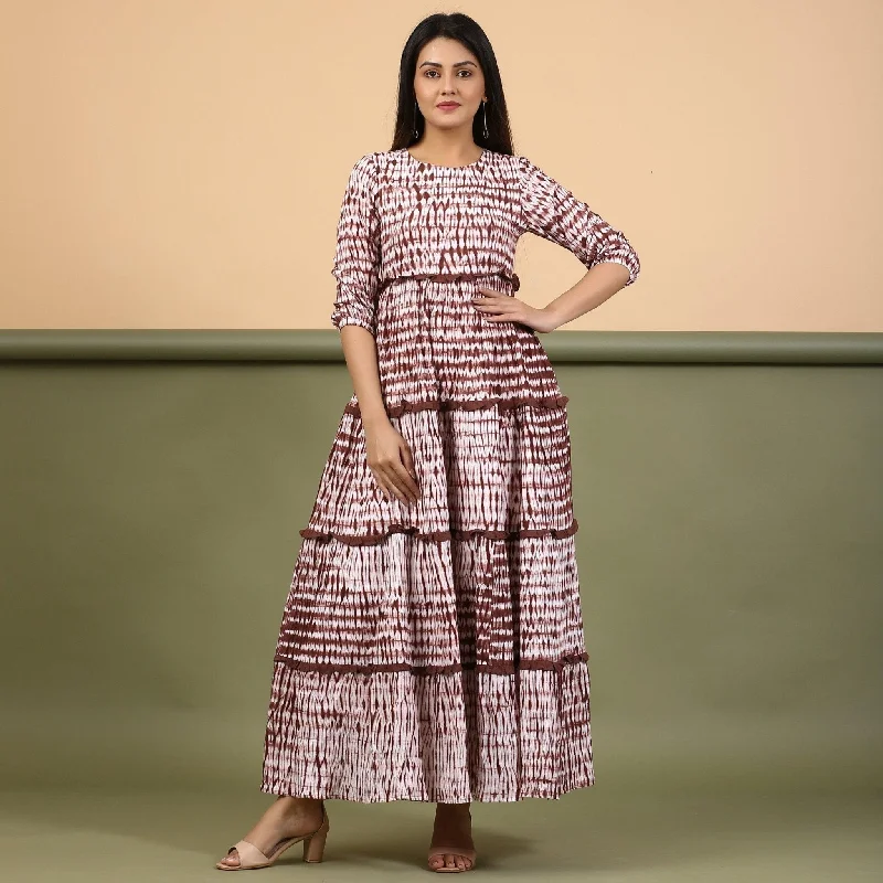 Major Savings Taupe Shibori Tie-Dye Cotton Ankle Length Tier Bohemian Dress