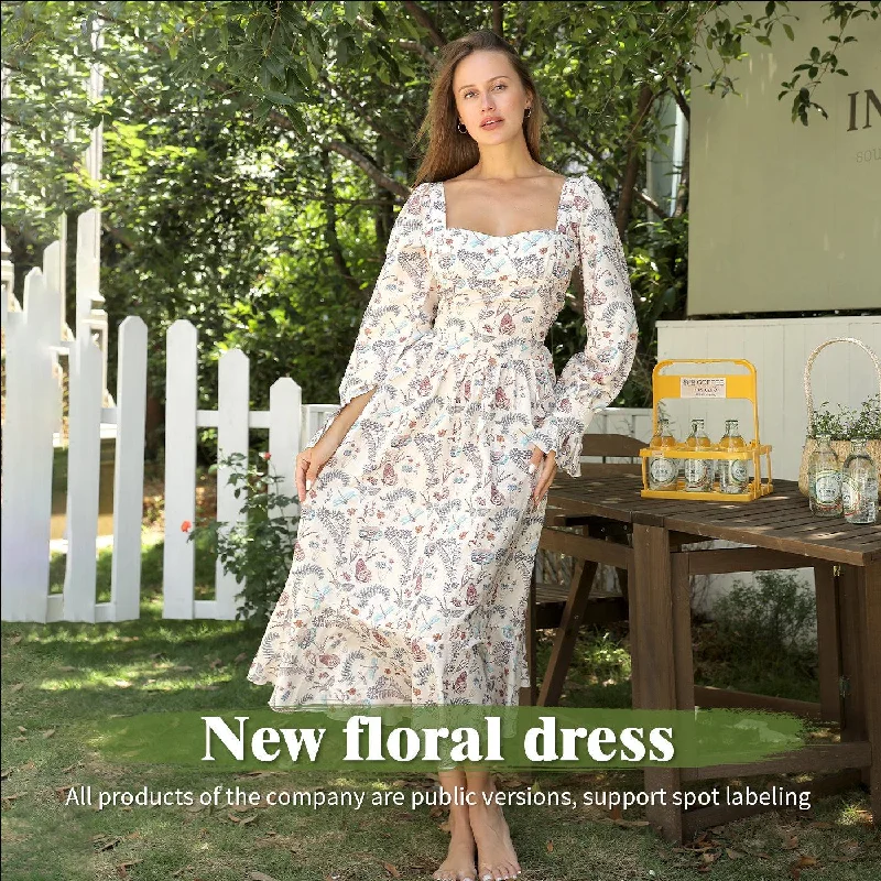 Deal Explosion Women's Square Neck Long Sleeved Printed Dress