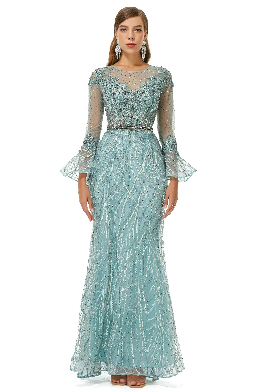Extra Discounts Mermaid Tulle Beading Long Sleeve Corset Prom Dresses outfit