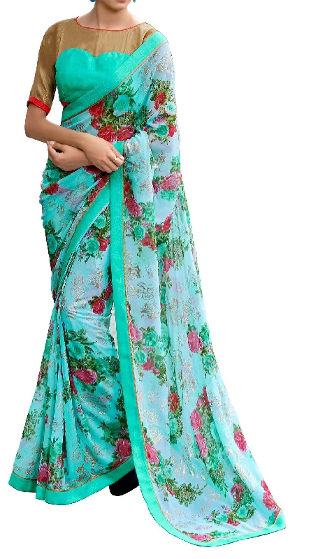 Year-End Sale Mint Blossom Floral Print Designer Crepe Silk Saree Sari D-312