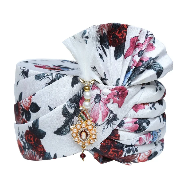 Grand Opening Sale White and Maroon Floral Print Wedding Safa Turban Pagdi -SNTBL0022 Grand Opening Sale White and Maroon Floral Print Wedding Safa Turban Pagdi -SNTBL0022