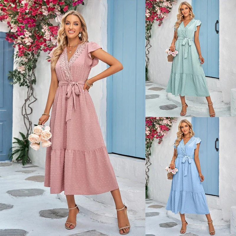 Deep Discounts Spring And Summer Casual Plain Lace V-neck Dress