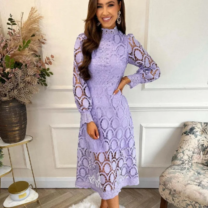 Exclusive Online Offer Lace Stand Collar Puff Sleeve Waist Slimming Dress