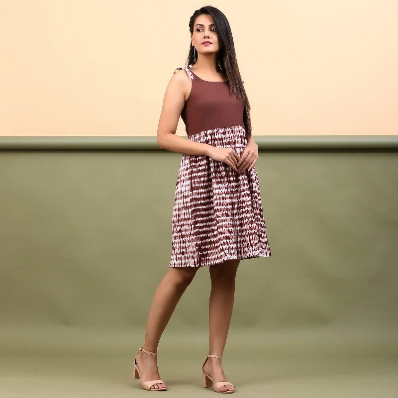 Early Access Taupe Shibori Tie-Dye Cotton Gathered Short Dress