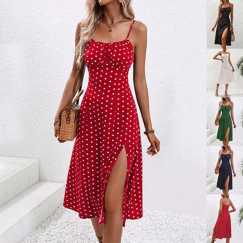 Flash Sale Women's Summer Polka Dot Slit Suspender Dress - Sexy Long Dress