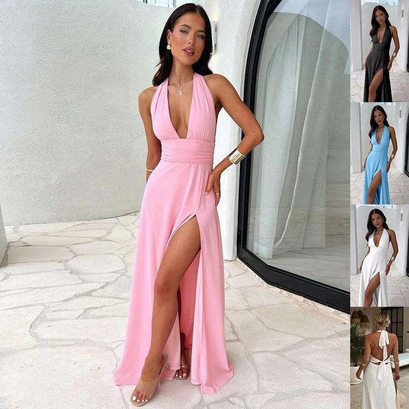 Exclusive Offers Women's Sexy Halterneck V-Neck Slit Dress - Backless Summer Fashion