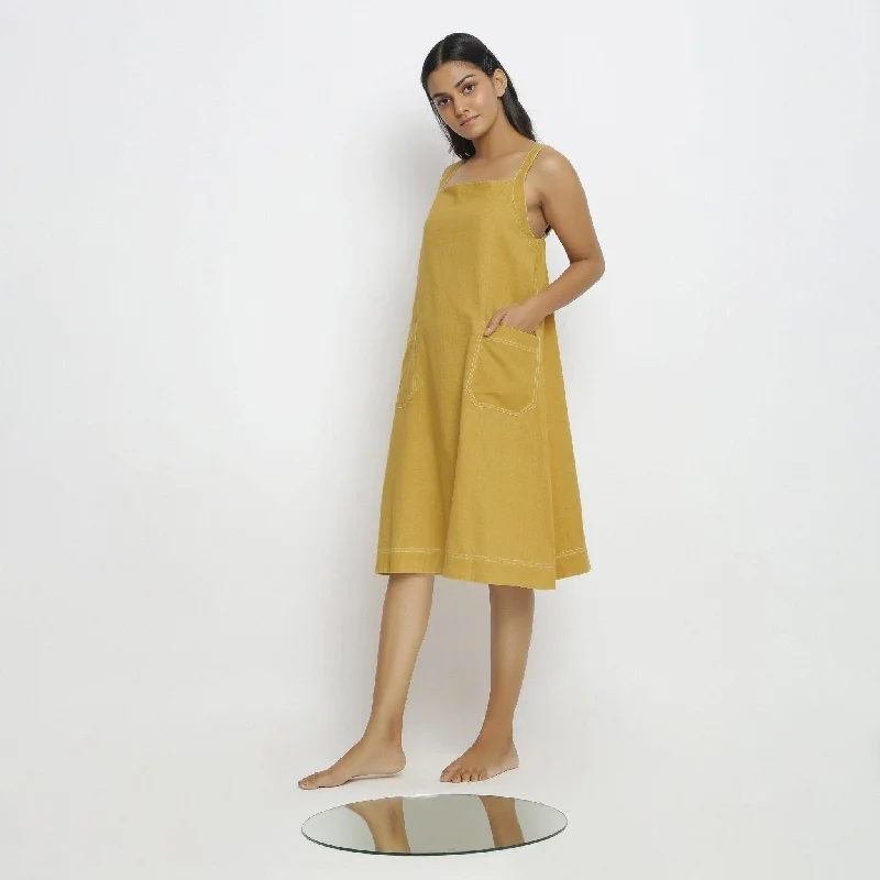 New Arrival Light Yellow Handspun Cotton Knee Length Slip Dress