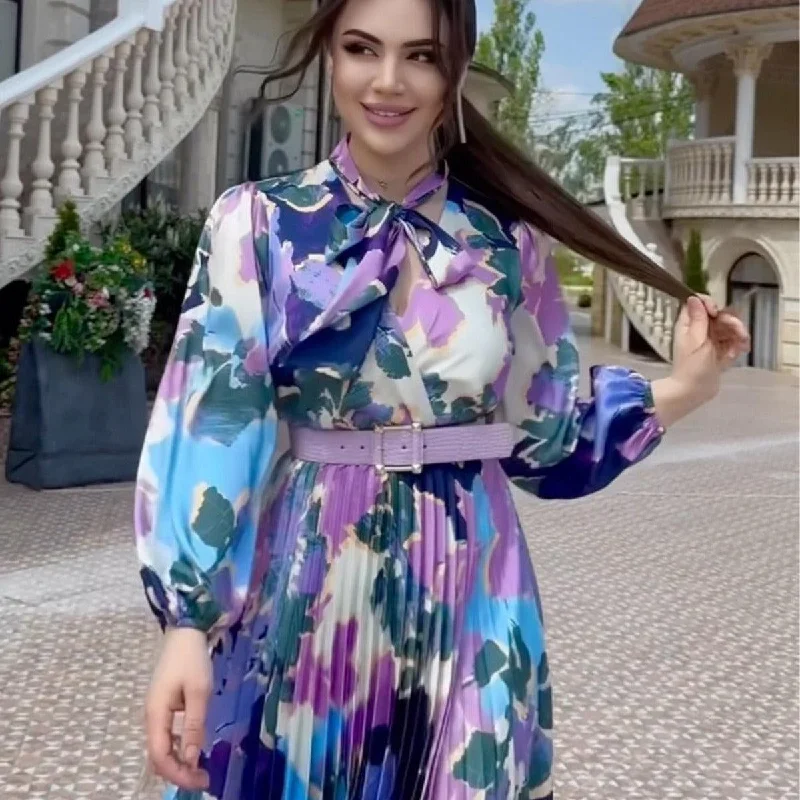 Limited Availability Women's Scarf Collar Graceful Puff Sleeve Waist Trimming Printing Design Sense Dress Limited Availability Women's Scarf Collar Graceful Puff Sleeve Waist Trimming Printing Design Sense Dress