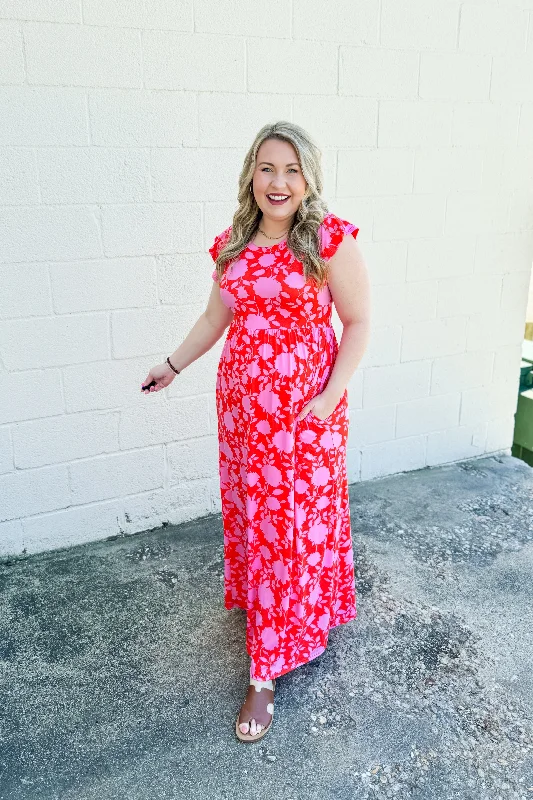 Clearance Sale Girls Like You Floral Babydoll Maxi Dress, Scarlet/Pink