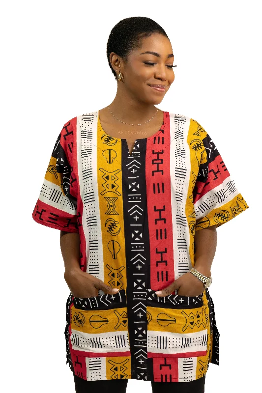 Crazy Savings Red Bogolan Symbols Dashiki Shirt / Dashiki Dress - African print top