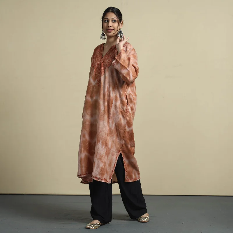 Closeout Brown - Shibori Tie-Dye Aari Embroidery Kashmiri Wool Pheran