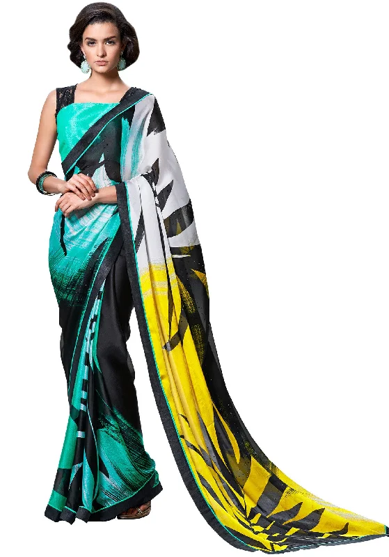 Hot Deal Digital Print Crepe Silk Black & Yellow Shaded Saree Sari D-305
