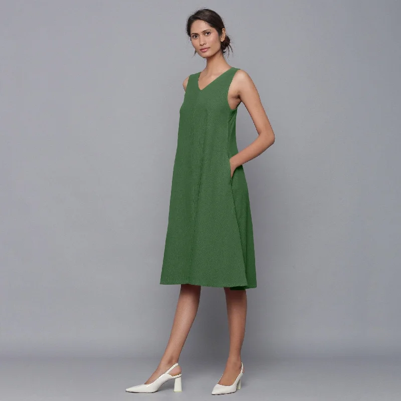 Take Advantage Moss Green Warm Cotton Corduroy Knee Length Flared Dress