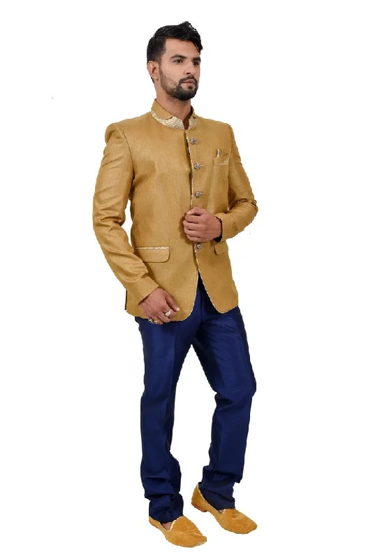 Lowest Price Royal Gold And Blue Wedding Color Jodhpuri Printed Indian Suit Set For Men - RK3069SNT Lowest Price Royal Gold And Blue Wedding Color Jodhpuri Printed Indian Suit Set For Men - RK3069SNT