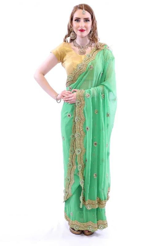Best Seller Pastel Green with Golden Embroidered Pre-Pleated Ready-Made Sari-SNT10001 Best Seller Pastel Green with Golden Embroidered Pre-Pleated Ready-Made Sari-SNT10001