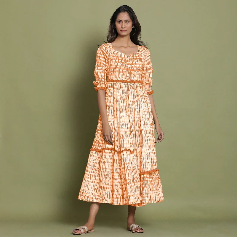 YEAR-End Clearance Orange Tie-Dye Cotton Sweetheart Neck Asymmetrical Maxi Dress
