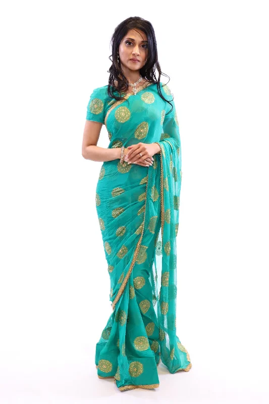 Time-Limited Offer Ravishing Green with Gold Print Pre-Pleated Ready-Made Sari-SNT10015