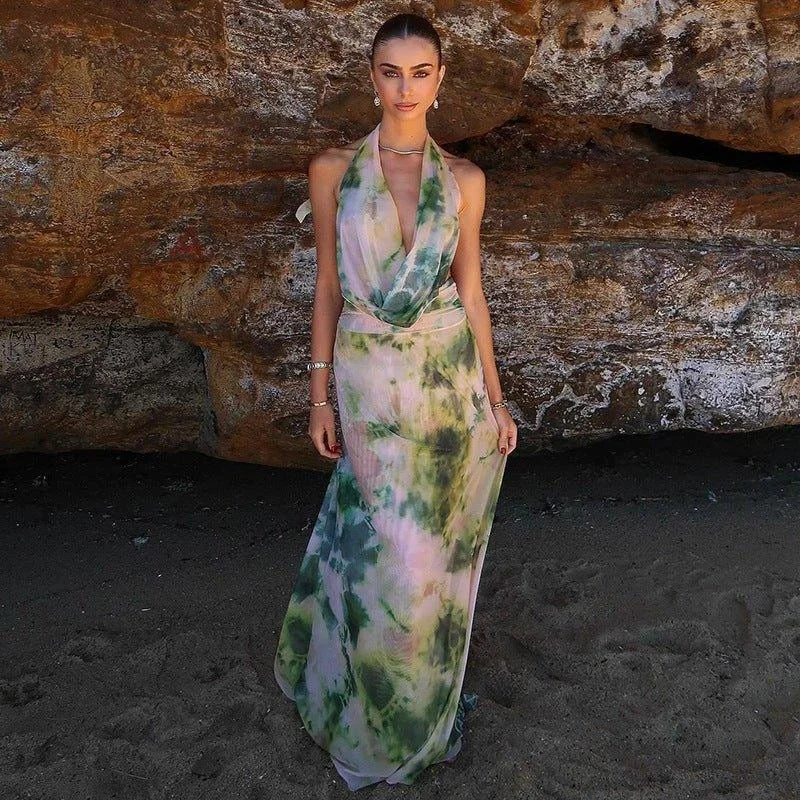 Mega Deal 2pcs Tie Dye Printing Deep V-neck Suits Fashion Halter Backless Long Dresses For Beach Party Womens Clothing Mega Deal 2pcs Tie Dye Printing Deep V-neck Suits Fashion Halter Backless Long Dresses For Beach Party Womens Clothing