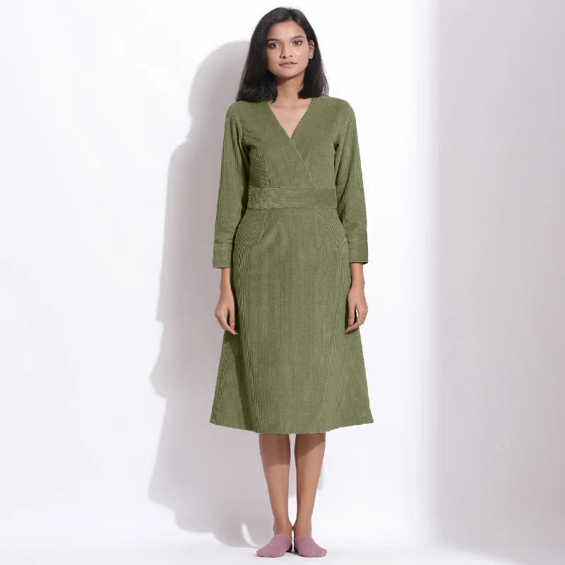 Special Savings Sage Green Warm Cotton Corduroy Knee Length Dress