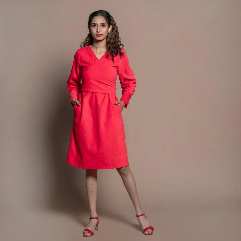 Mega Deal Red 100% Cotton Velvet Knee Length Wrap Dress
