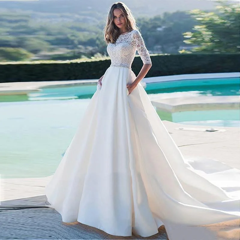 Weekend Deal Women's A-Line Half Sleeved Wedding Dress With Pockets