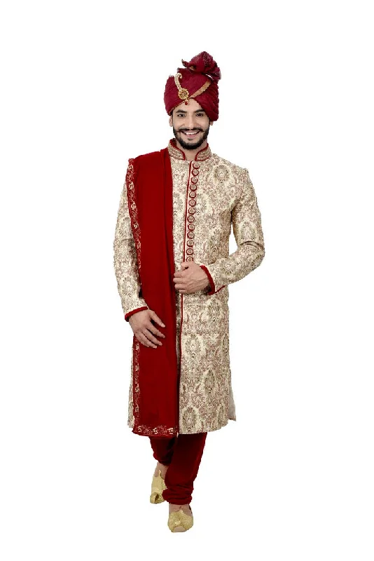 Special Buy Maharaja Cream And Maroon Indian Wedding Sherwani For Men - RK2063