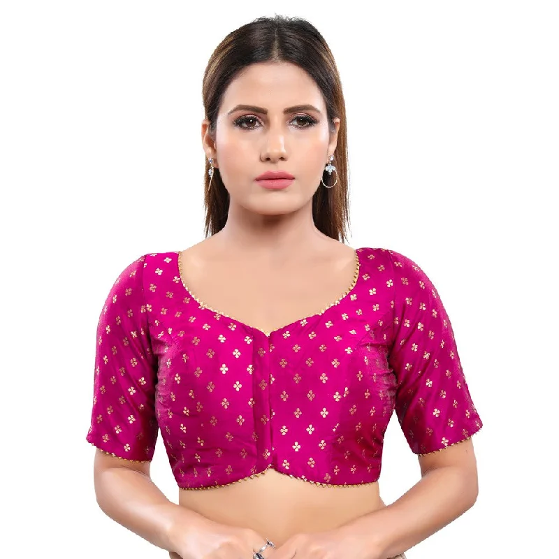 Amazing Deals Enthralling Purple Designer Indian Traditional Zari Weaved Motifs Elbow Sleeves Saree Blouse Choli (X-986ELB-Purple)