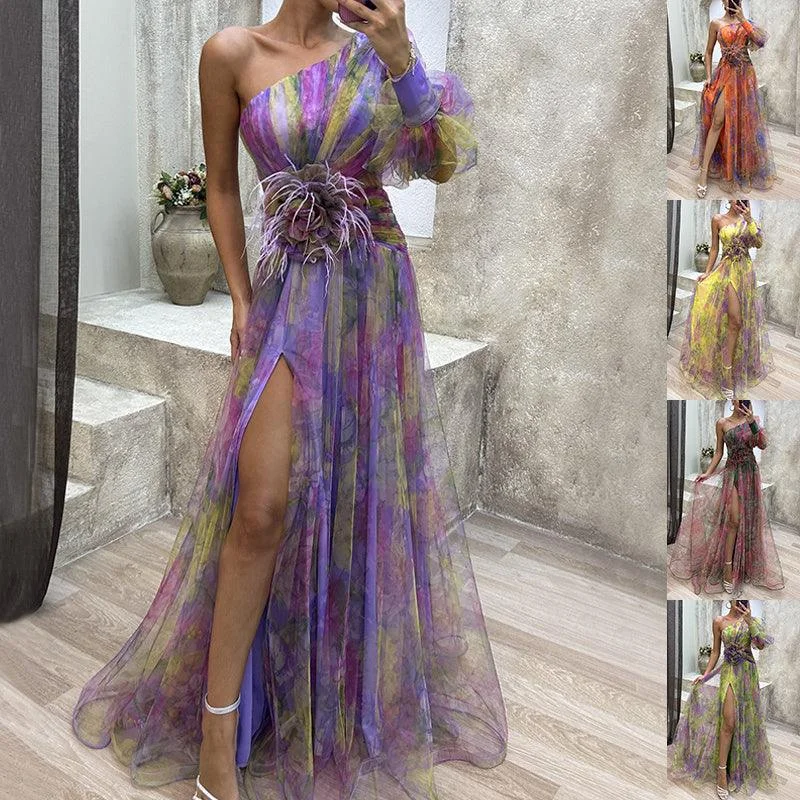 Deal Explosion Mesh Tie-dye Printed Off-shoulder Slit Dress Summer INS Fashion Long Dress Party Womens Clothing