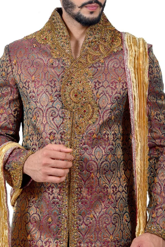 Deal Mania Royal Multicolor Zari Brocade With Ethnic Dhoti Indian Wedding Sherwani For Men - RK2056 Deal Mania Royal Multicolor Zari Brocade With Ethnic Dhoti Indian Wedding Sherwani For Men - RK2056