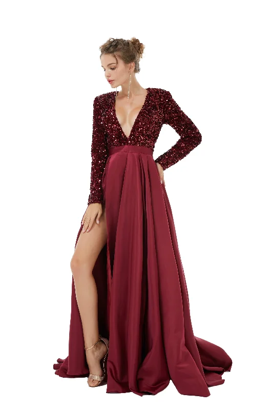 Limited Stock Sequined Satin A Line Front Slit V Neck Full Sleeve Sweep Train Long Corset Prom Dresses outfit Limited Stock Sequined Satin A Line Front Slit V Neck Full Sleeve Sweep Train Long Corset Prom Dresses outfit