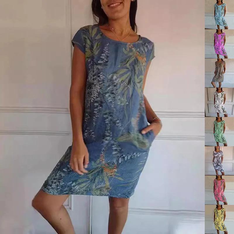 Stock Clearance Flower And Leaf Printed Straight Dress Summer Loose Round Neck Short Sleeve Dresses Womens Clothing Stock Clearance Flower And Leaf Printed Straight Dress Summer Loose Round Neck Short Sleeve Dresses Womens Clothing