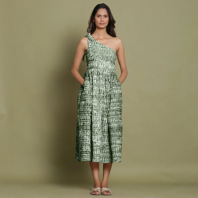 Seasonal Clearance Forest Green Tie-Dye One-Shoulder Cotton Midi Dress