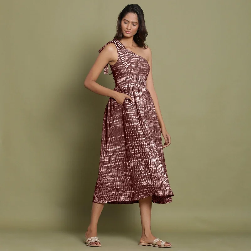 Bargain Prices Maroon Shibori Tie-Dye Cotton One-Shoulder Gathered Midi Dress