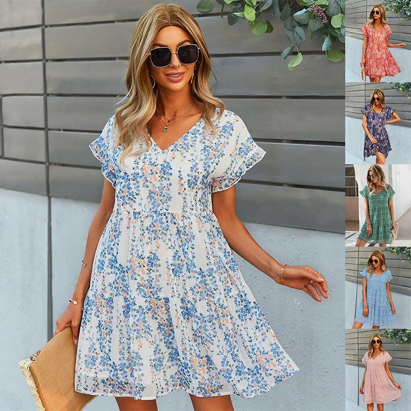 Amazing Deals Flowers Print Short-sleeved Dress Summer Loose Chiffon A-line Dresses Fashion Casual Holiday Beach Dress For Womens Clothing Amazing Deals Flowers Print Short-sleeved Dress Summer Loose Chiffon A-line Dresses Fashion Casual Holiday Beach Dress For Womens Clothing