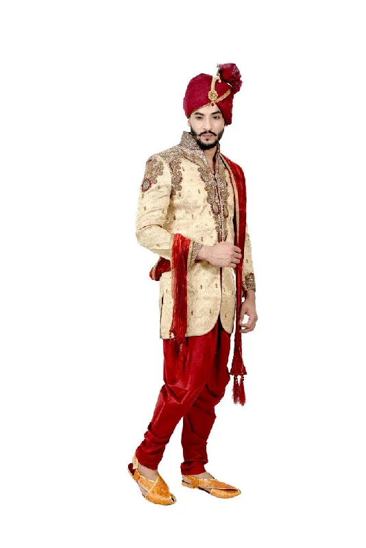 Savings Bonanza Zari Brocade Silk Maroon With Ethnic Dhoti Indian Wedding Sherwani For Men - RK2057