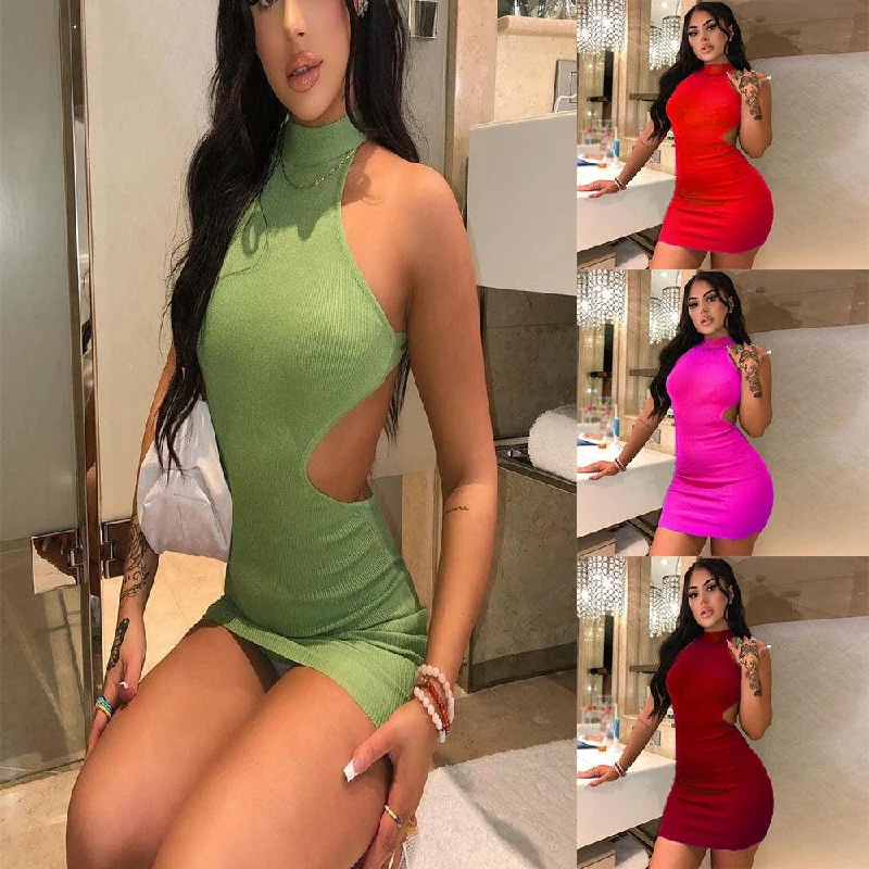 Bargain Blast Women's High Neck Hollow Wrapped Breastless Back Mid Waist Pack Hip Dress Bargain Blast Women's High Neck Hollow Wrapped Breastless Back Mid Waist Pack Hip Dress