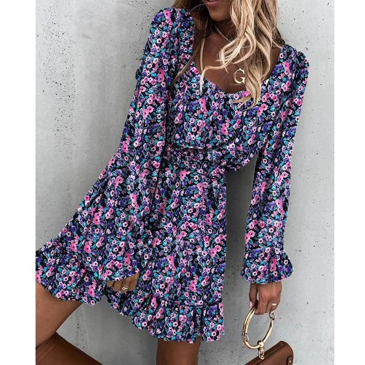 Value Deals Long Sleeve Elastic Waist Ruffle Print Dress