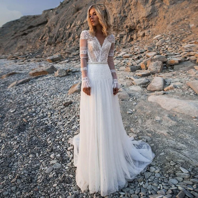 Clearance Event Women's Vintage V-Neck A-Line Wedding Dress With Ruffles