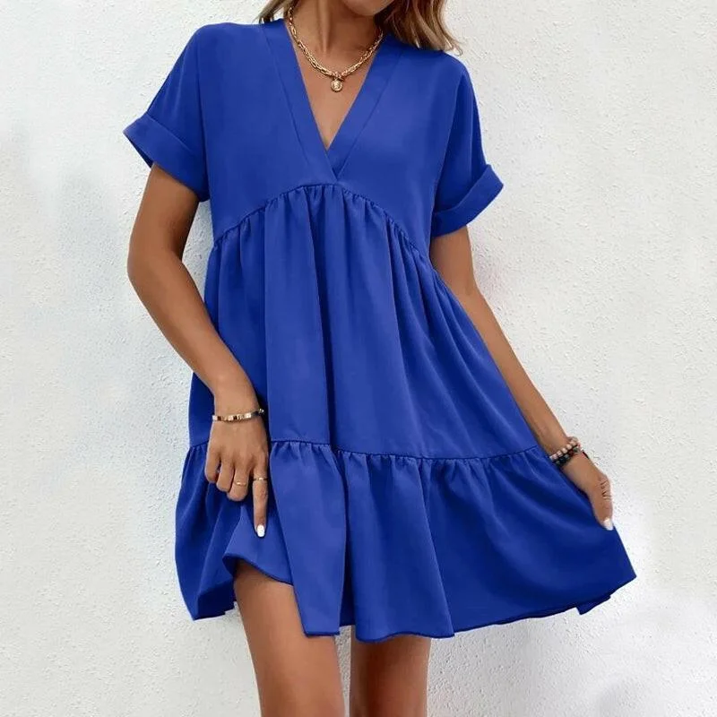 Bargain Blast New Short-sleeved V-neck Dress Summer Casual Sweet Ruffled Dresses Solid Color Holiday Beach Dress For Womens Clothing Bargain Blast New Short-sleeved V-neck Dress Summer Casual Sweet Ruffled Dresses Solid Color Holiday Beach Dress For Womens Clothing