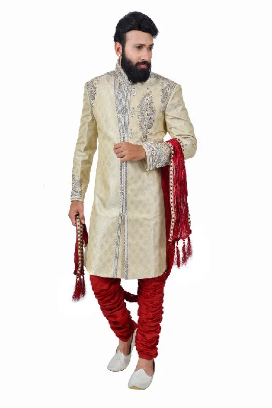 Super Sale Classy Zari Tanchoi Brocade Silk Cream And Maroon Indian Wedding Sherwani For Men - RK2059 Super Sale Classy Zari Tanchoi Brocade Silk Cream And Maroon Indian Wedding Sherwani For Men - RK2059