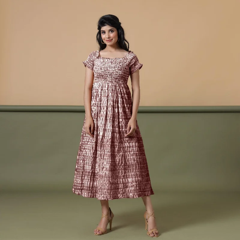 Exclusive Savings Maroon Shibori Tie-Dye Cotton Elasticated Gathered Maxi Dress