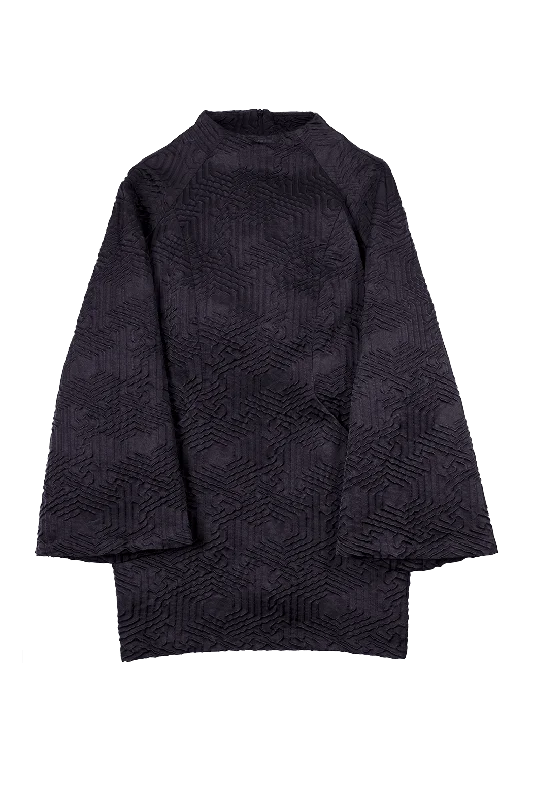 Markdowns Black Graphic Cloqué Mini Dress with Bell Sleeves
