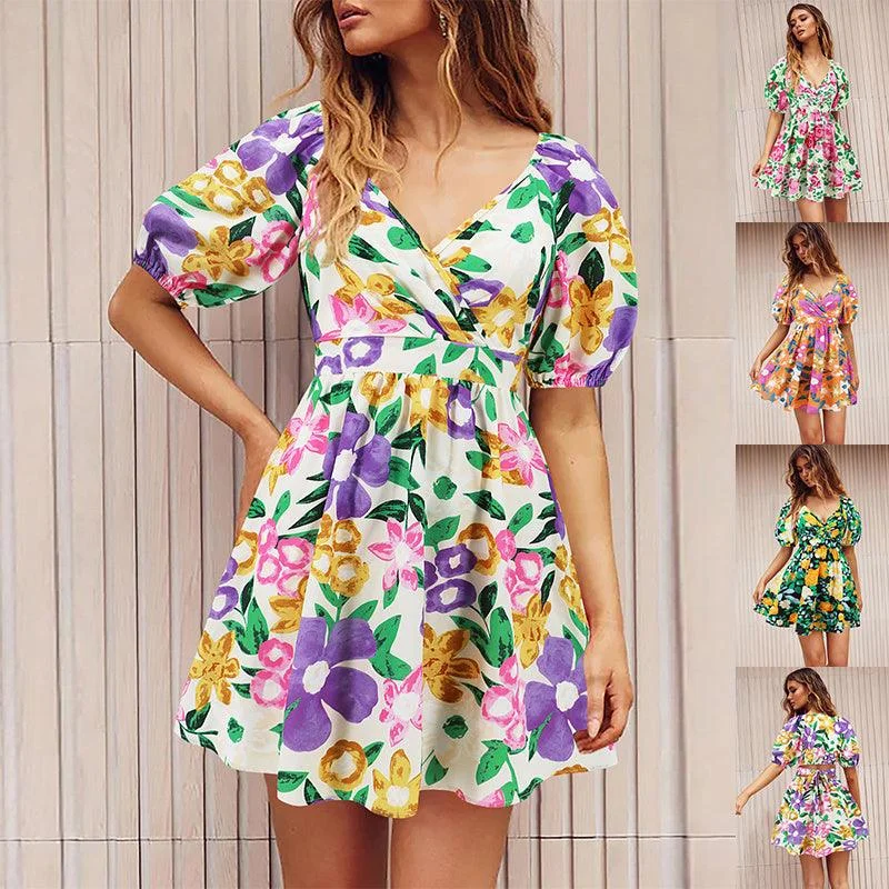 Bonus Savings Flowers Print V-Neck Lantern-sleeve Dress Y2K Summer Vacation Beach Short Dresses Fashion Womens Clothing