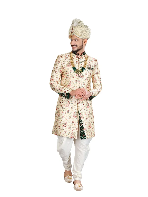 Steals and Deals Modish Blooming Cream Jacquard Silk Indian Wedding Sherwani For Men