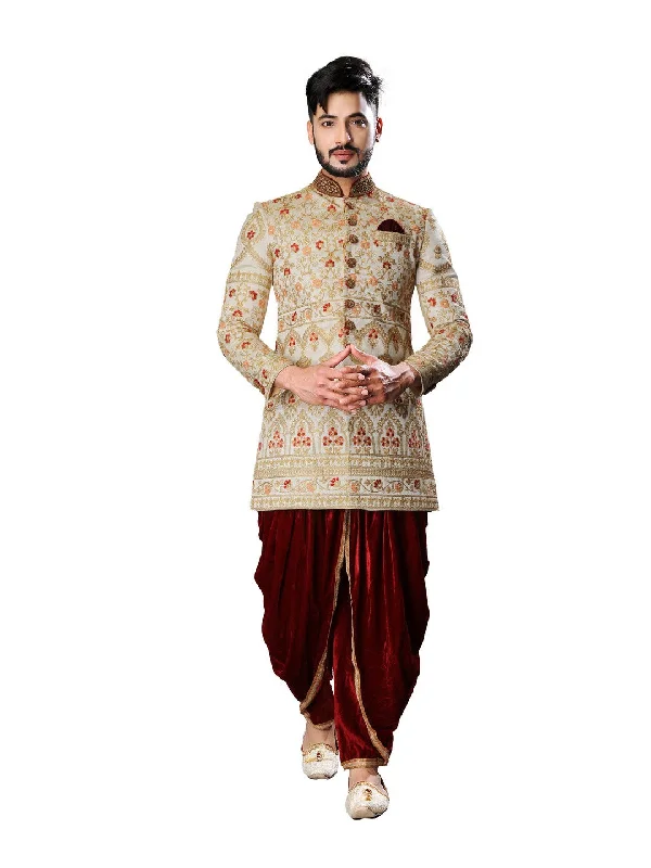 Savings Bonanza Regnant Cream and Maroon Velvet Wedding Sherwani For Men