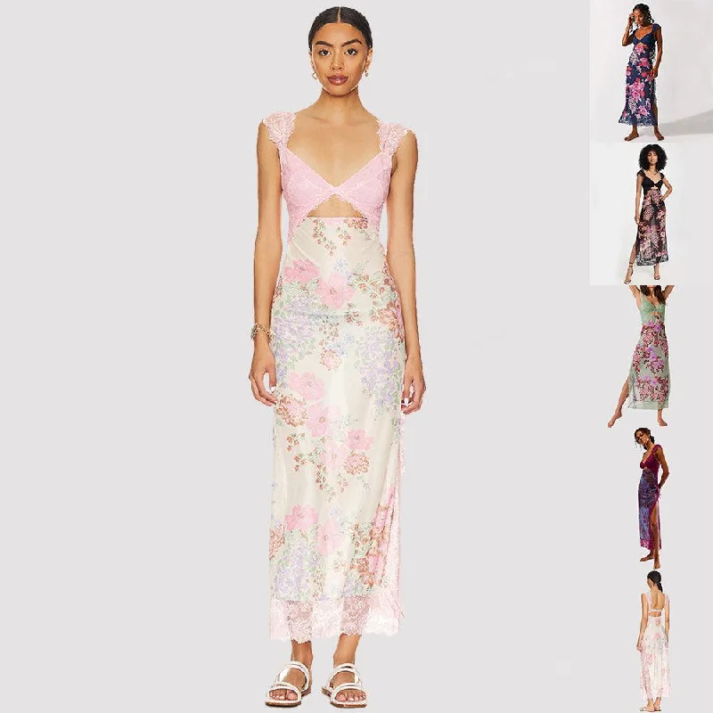 Exclusive Preview Slim V-neck Lace Shoulder-strap Dress Stitching Flowers Print Long Dresses Summer Women's Clothing Exclusive Preview Slim V-neck Lace Shoulder-strap Dress Stitching Flowers Print Long Dresses Summer Women's Clothing