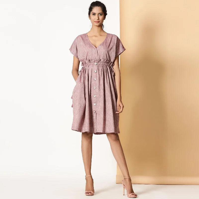 Super Sale Light Maroon Frilled Cotton Knee Length Bohemian Dress