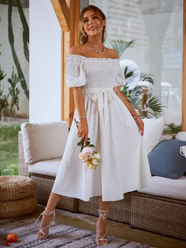 Price Smash Women's Summer A-Line Bow Short Sleeves Midi Dress