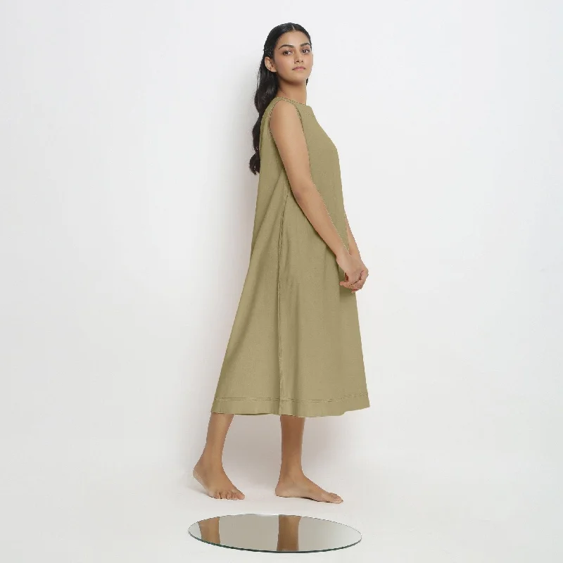 Savings Alert Khakhi Green 100% Cotton Paneled A-Line Midi Dress